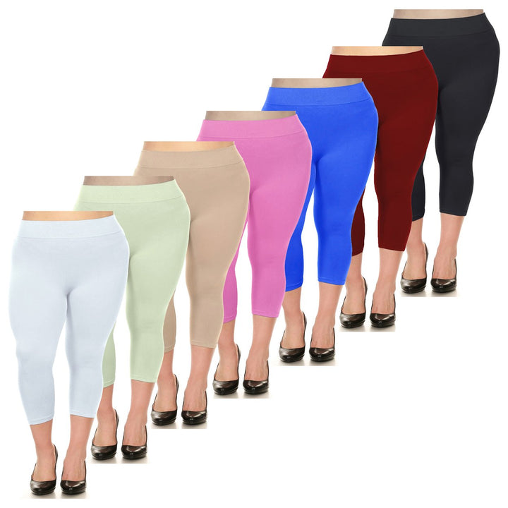 Multi-Pack: Womens Ultra-Soft High Waisted Smooth Stretch Active Yoga Capri Leggings Plus Size Available Image 1