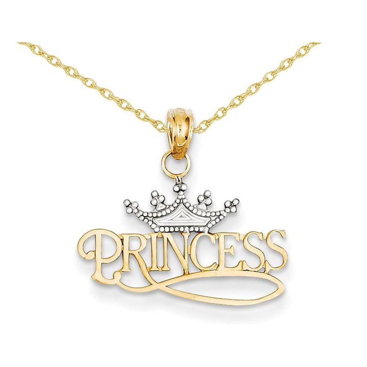 14K Yellow Gold Princess with Crown Charm Pendant Necklace with Chain Image 1