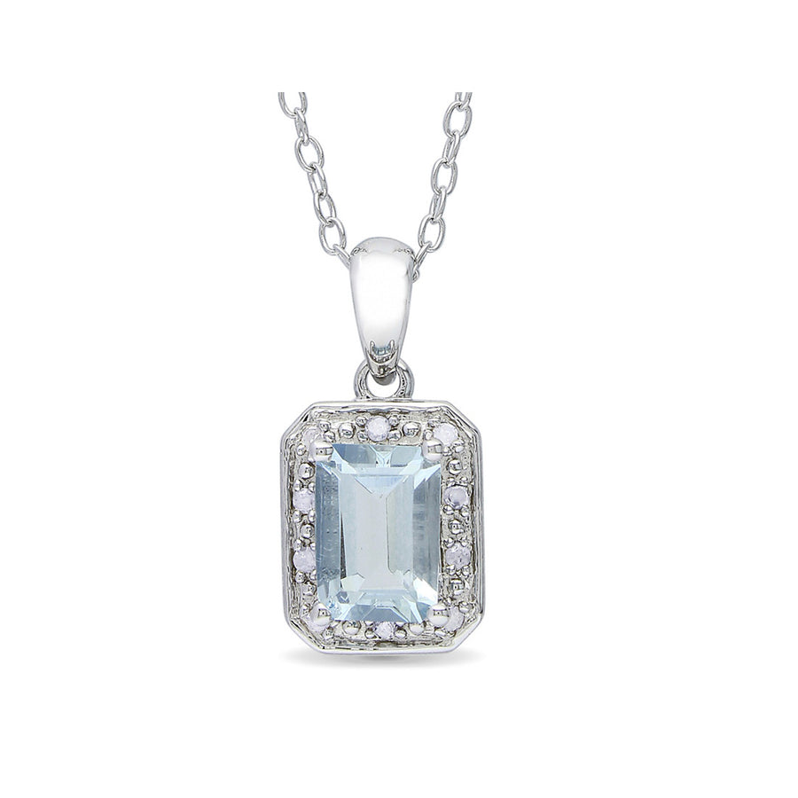 1.0 Carat (ctw) Emerald-Cut Aquamarine Pendant Necklace (ctw) with Diamonds in Sterling Silver with Chain Image 1
