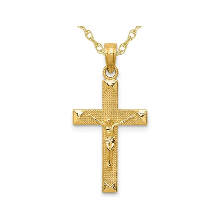 14K Yellow Gold Beveled Tipped Crucifix Cross Pendant Necklace with Chain Image 1