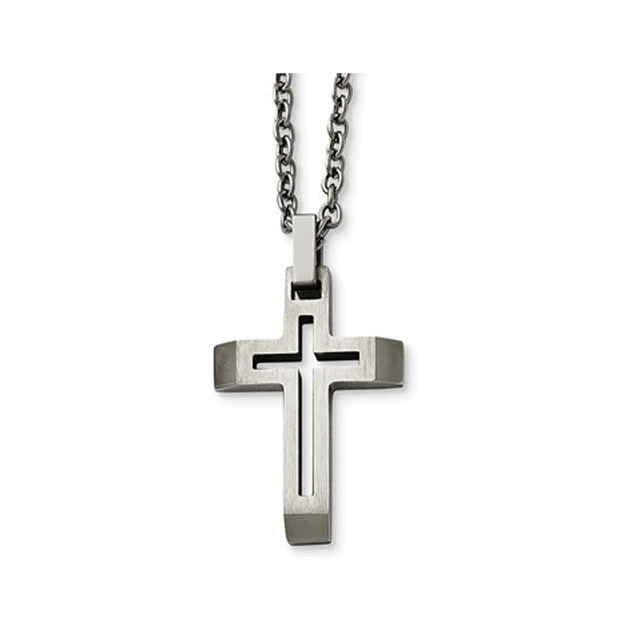 Mens Stainless Steel Brushed Cross Pendant Necklace with Chain Image 1