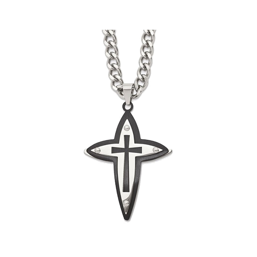 Mens Stainless Steel Carbon Fiber Cross Necklace with Chain Image 1
