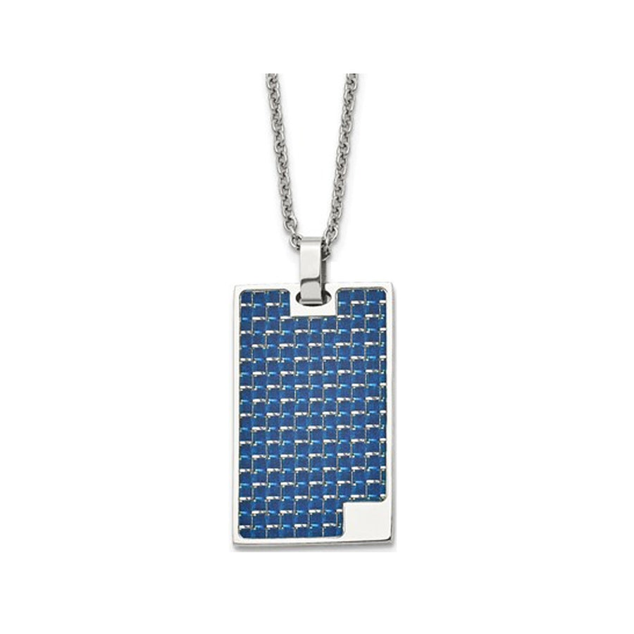 Mens Stainless Steel Blue Carbon Fiber Dogtag Pendant Necklace with Chain (22 Inches) Image 1