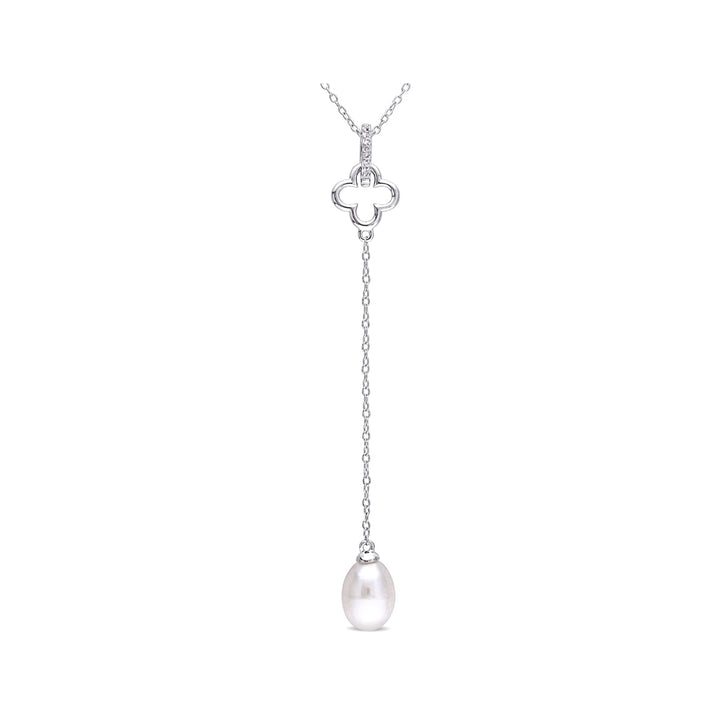 White Freshwater Cultured Pearl 8-8.5 mm and White Topaz Quatrefoil Drop Pendant in Sterling Silver with Chain Image 1