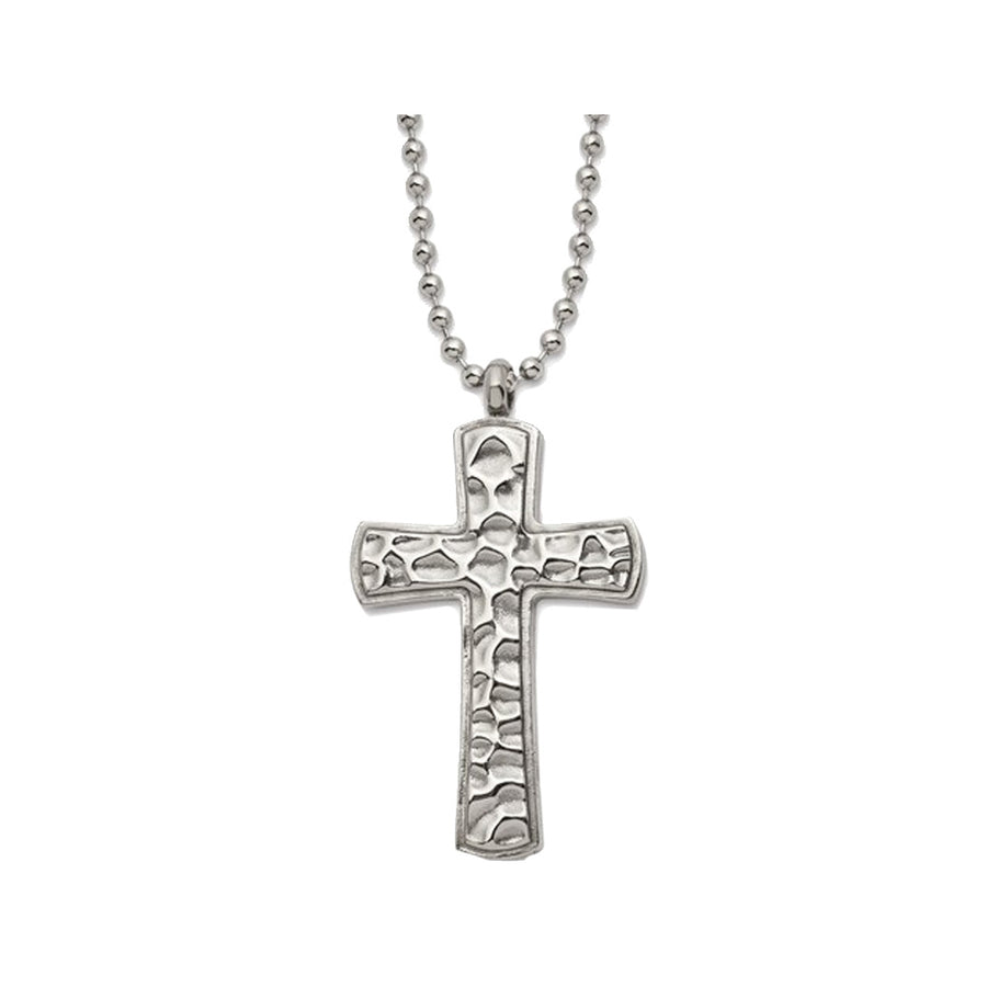 Mens Titanium Hammered Carbon-Fiber Reversible Cross Pendant Necklace with Ball Chain Image 1