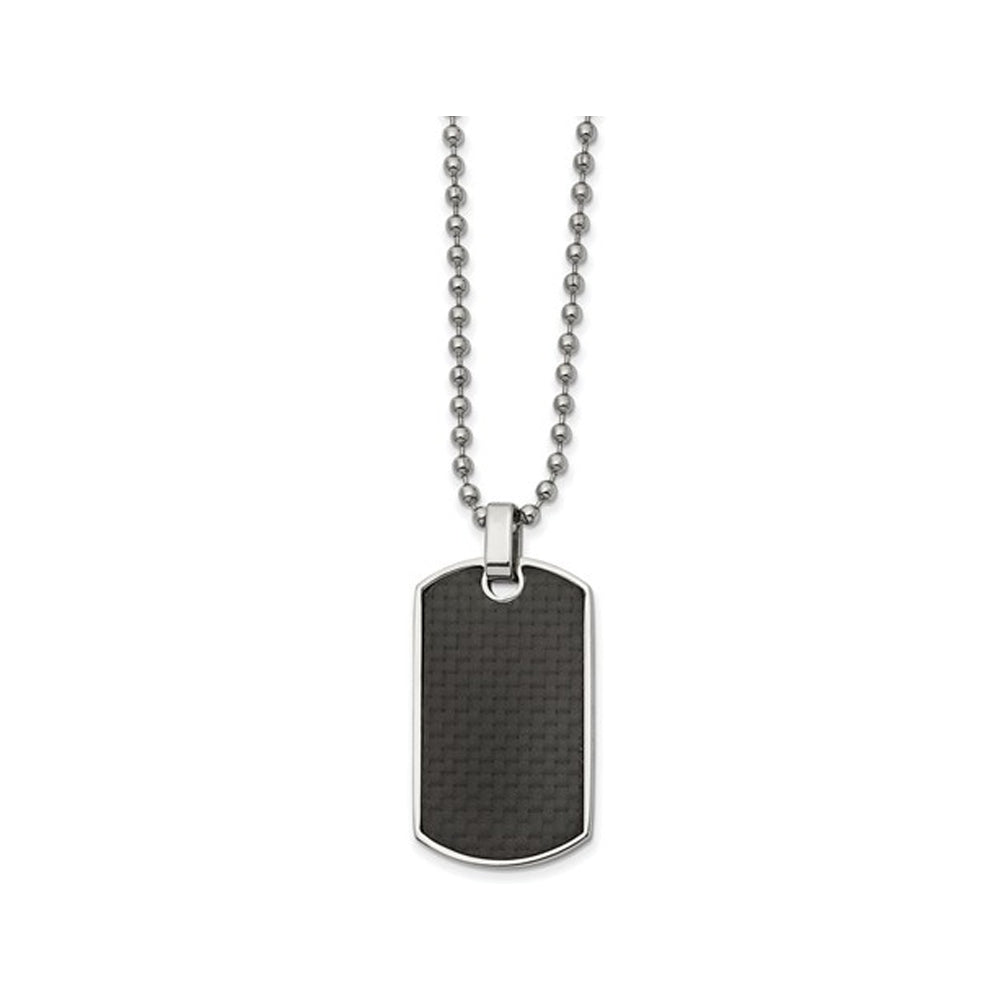 Mens Black Carbon Fiber and Wood Reversible Dog Tag Pendant Necklace in Stainless Steel with Chain Image 1