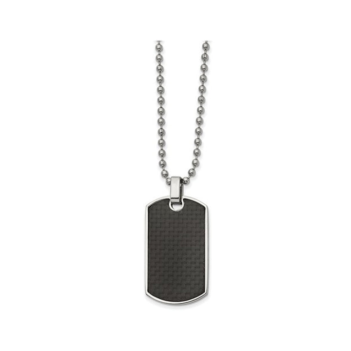 Mens Black Carbon Fiber and Wood Reversible Dog Tag Pendant Necklace in Stainless Steel with Chain Image 1