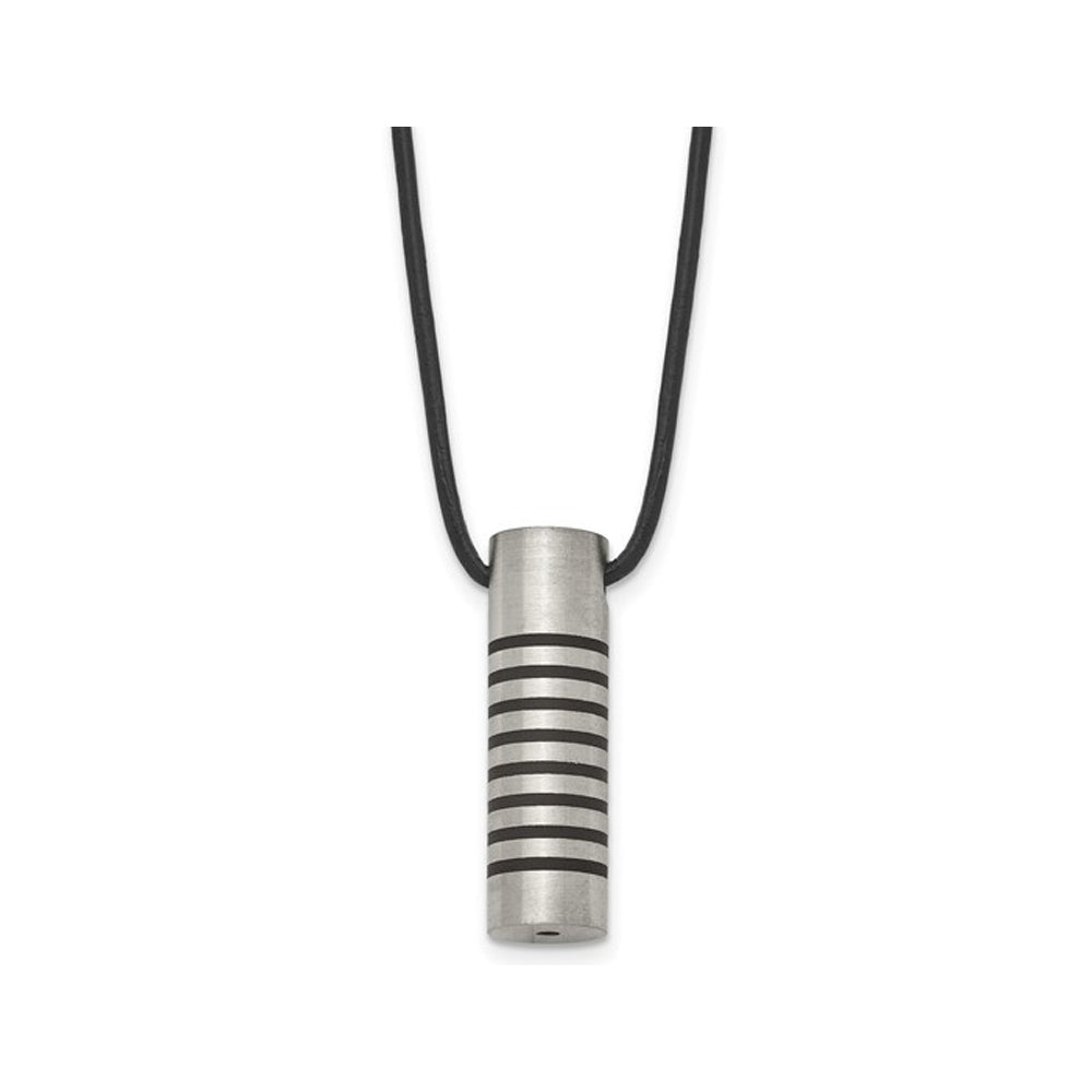 Mens Stainless Steel Pendant Necklace with Black Accent on Cord Image 1