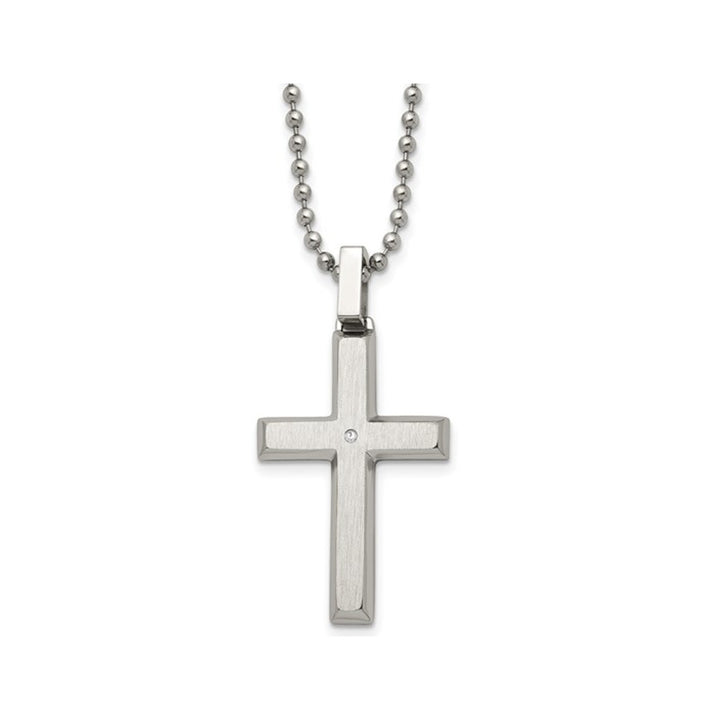 Mens Cross Pendant Necklace in Stainless Steel with Diamond Accent and Chain Image 1