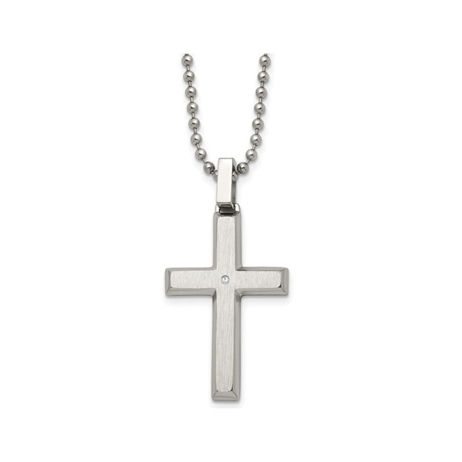 Mens Cross Pendant Necklace in Stainless Steel with Diamond Accent and Chain Image 1