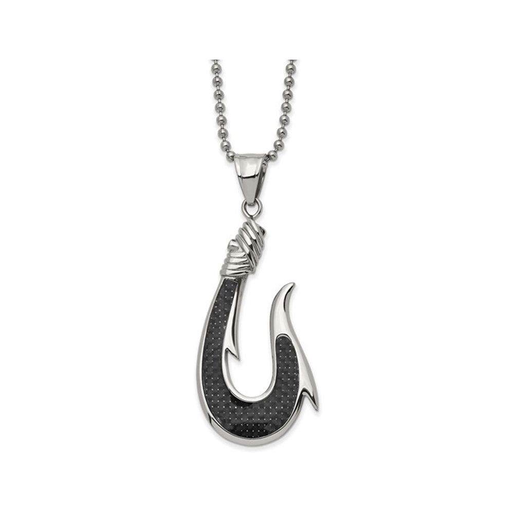 Mens Stainless Steel Carbon Fiber Inlay Hook Necklace with Chain Image 1