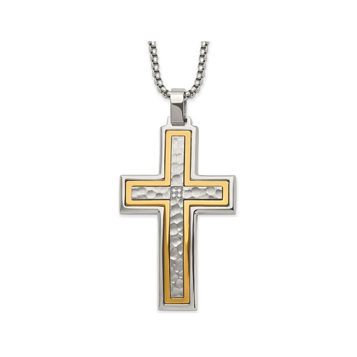 Mens Stainless Steel Brushed Cross Pendant Necklace with Chain (24 Inches) Image 1