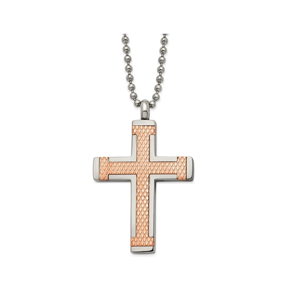 Mens Titanium Rose Plated Cross Pendant Necklace with Chain (22 Inches) Image 1