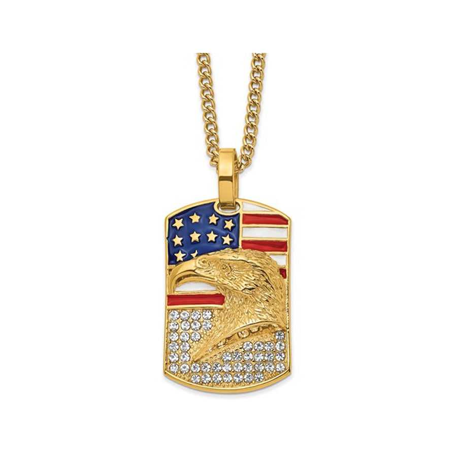 Mens Yellow Plated Stainless Steel American Eagle Dogtag Pendant Necklace with Chain Image 1