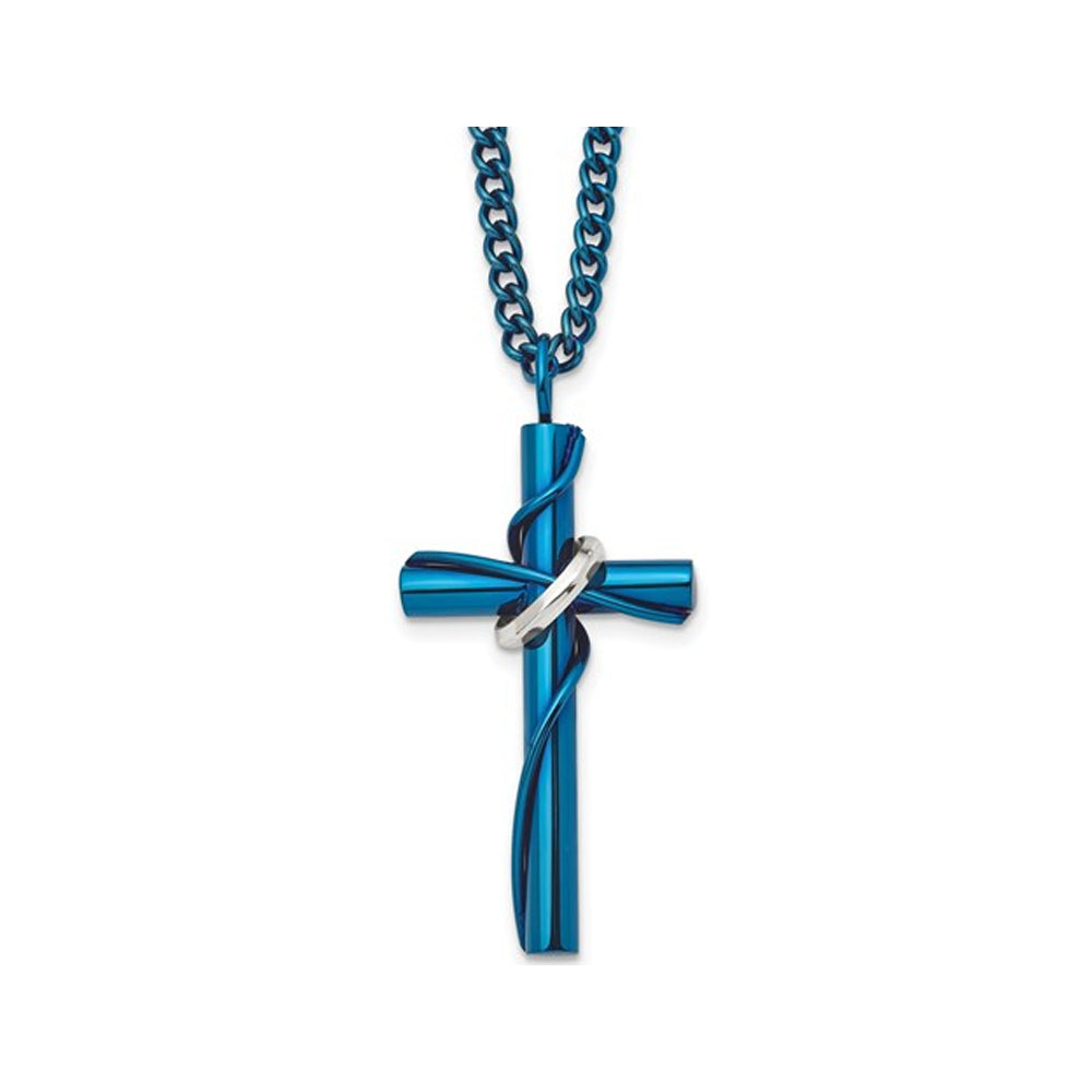 Mens Stainless Steel Blue Cross Necklace with Chain Image 1