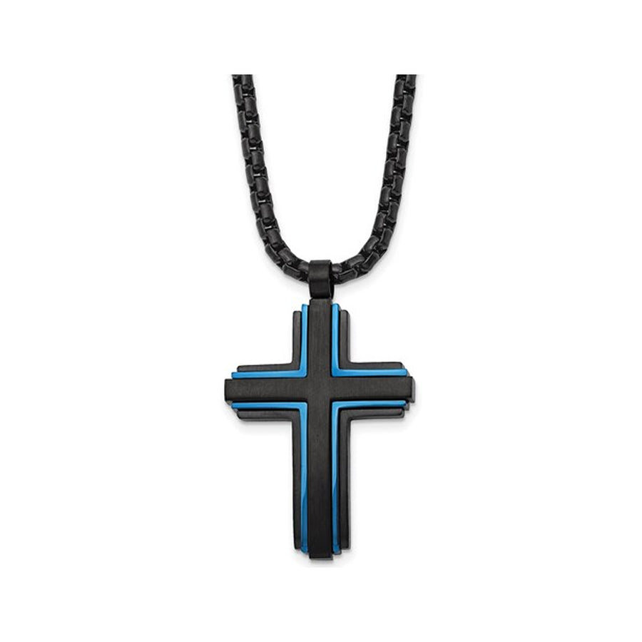 Mens Stainless Steel Blue and Black Cross Necklace with Chain Image 1