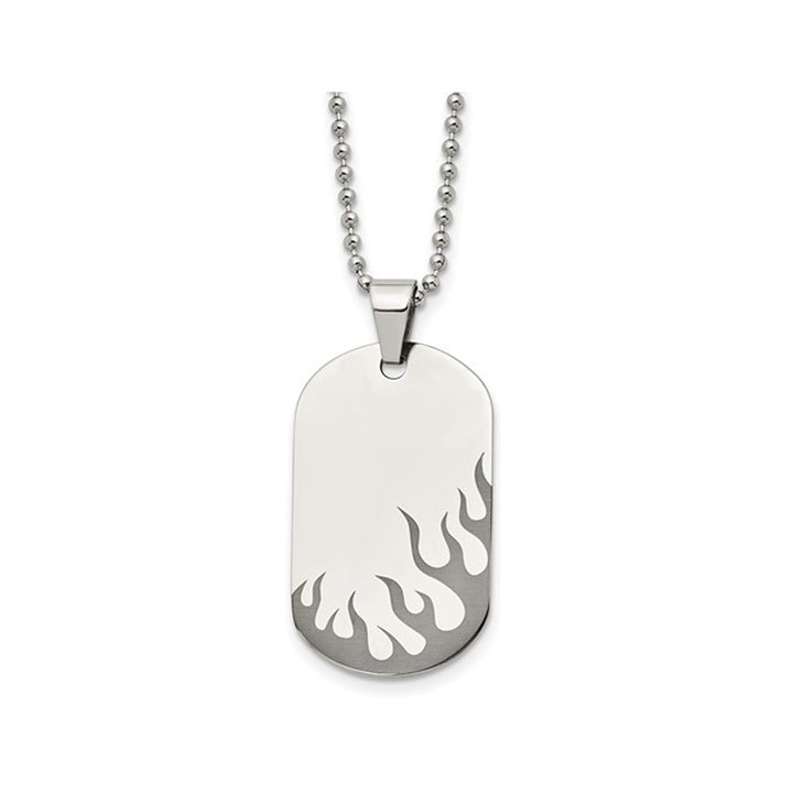 Mens Stainless Steel Flaming Dogtag Pendant Necklace with Chain Image 1