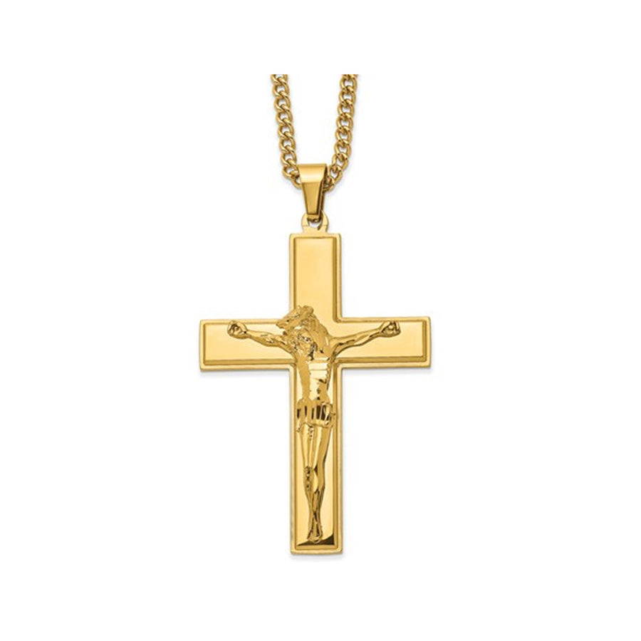 Mens Chisel Yellow Plated Stainless Steel Crucifix Necklace with Chain Image 1