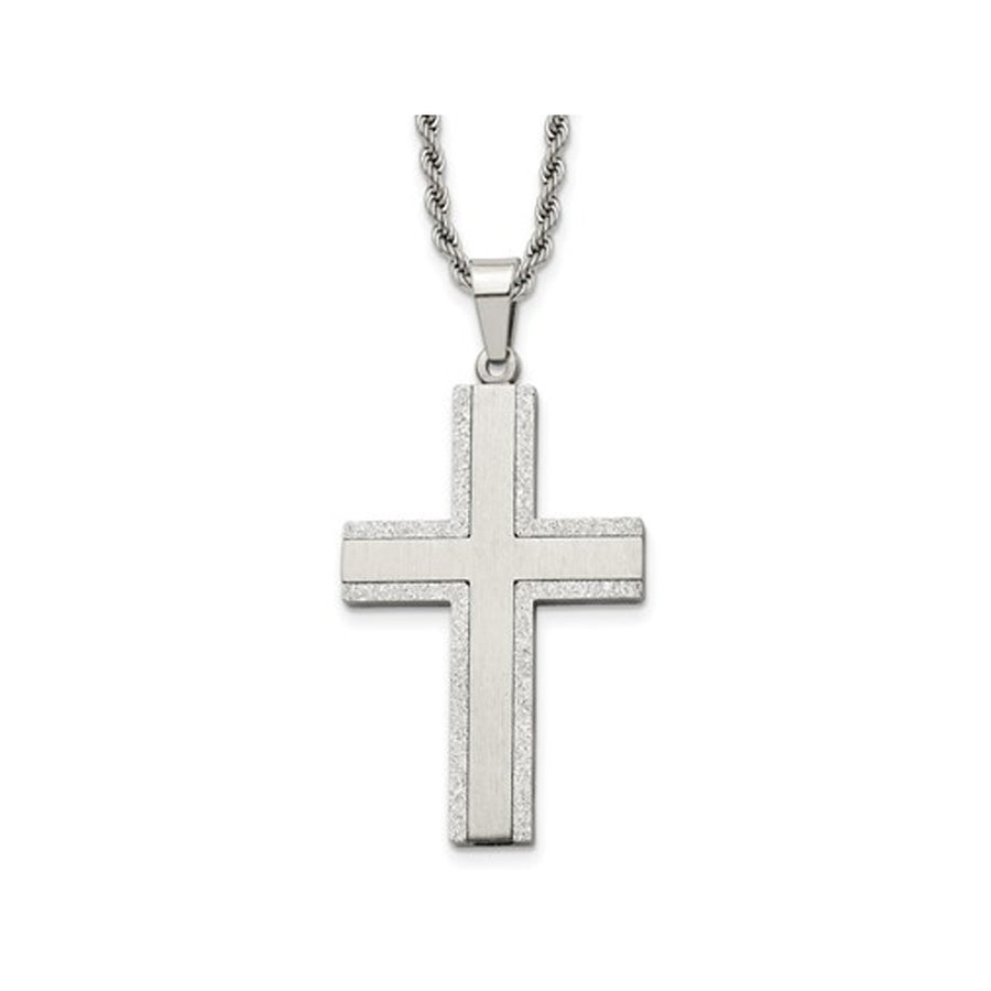 Mens Stainless Steel Polished Laser-Cut Cross Pendant Necklace with Chain Image 1