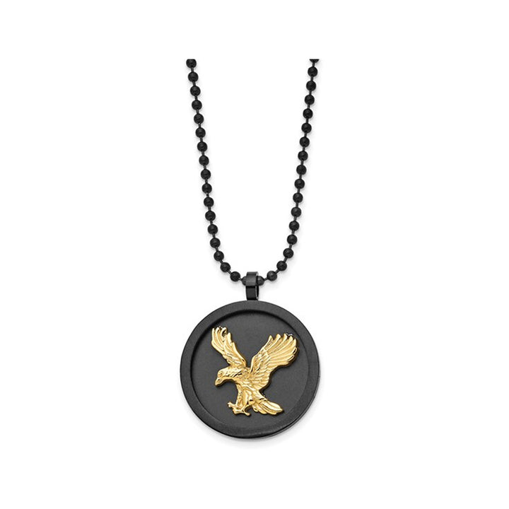 Black Stainless Steel Disc Charm with Gold Plated Eagle and 24 Inch Chain Image 1