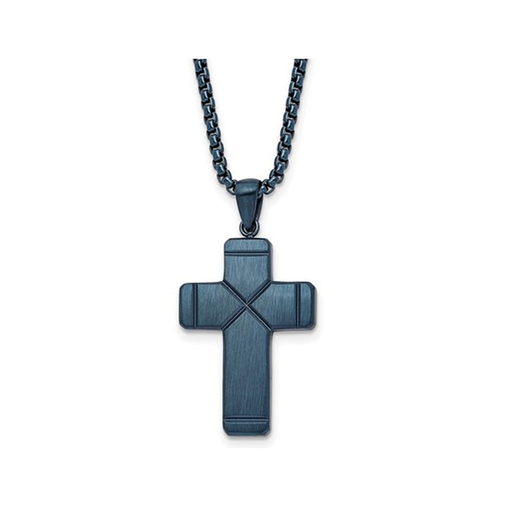 Mens Stainless Steel Polished Blue Cross Pendant Necklace with Chain Image 1