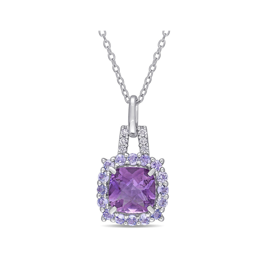 2.30 Carat (ctw) Amethyst and Tanzanite Halo Pendant Necklace in Sterling Silver with Chain Image 1