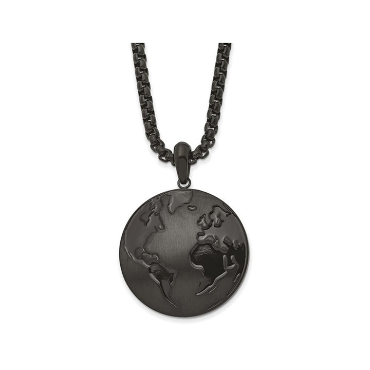 Mens Black Stainless Steel Earth Globe Pendant Necklace with Chain (24 Inches) Image 1