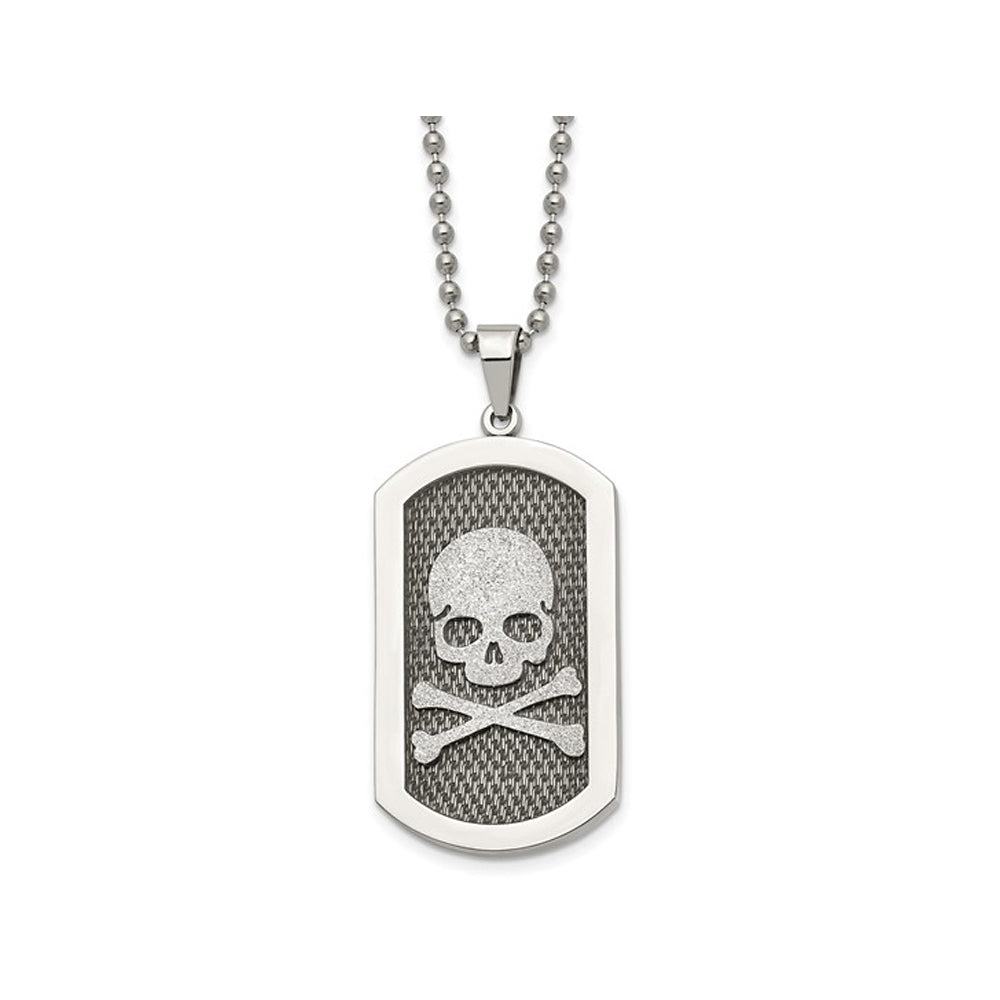 Mens Stainless Steel Polished Laser Cut Skull and Crossbones Dog Tag Pendant Necklace with Chain Image 1