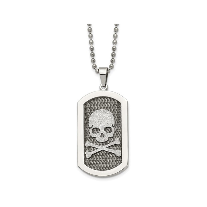 Mens Stainless Steel Polished Laser Cut Skull and Crossbones Dog Tag Pendant Necklace with Chain Image 1