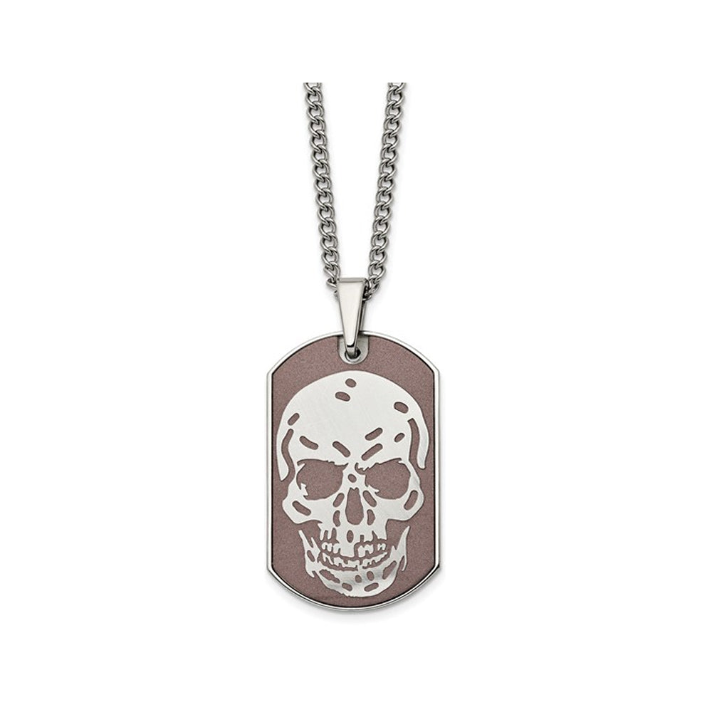 Mens Stainless Steel Brown Plated Skull Dog Tag Pendant Necklace with Chain Image 1