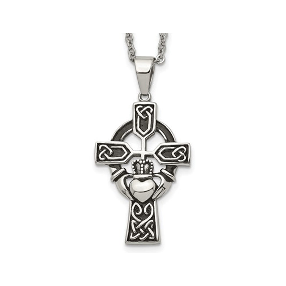 Stainless Steel Antiqued Claddagh Cross Pendant Necklace with Chain Image 1