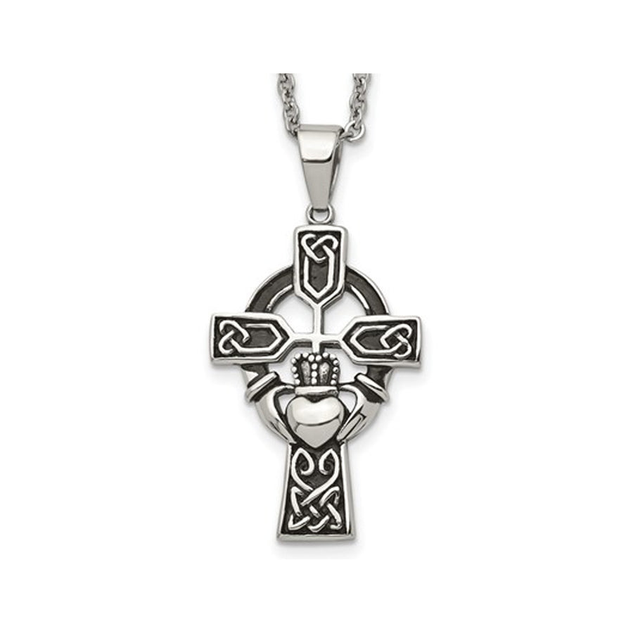 Stainless Steel Antiqued Claddagh Cross Pendant Necklace with Chain Image 1