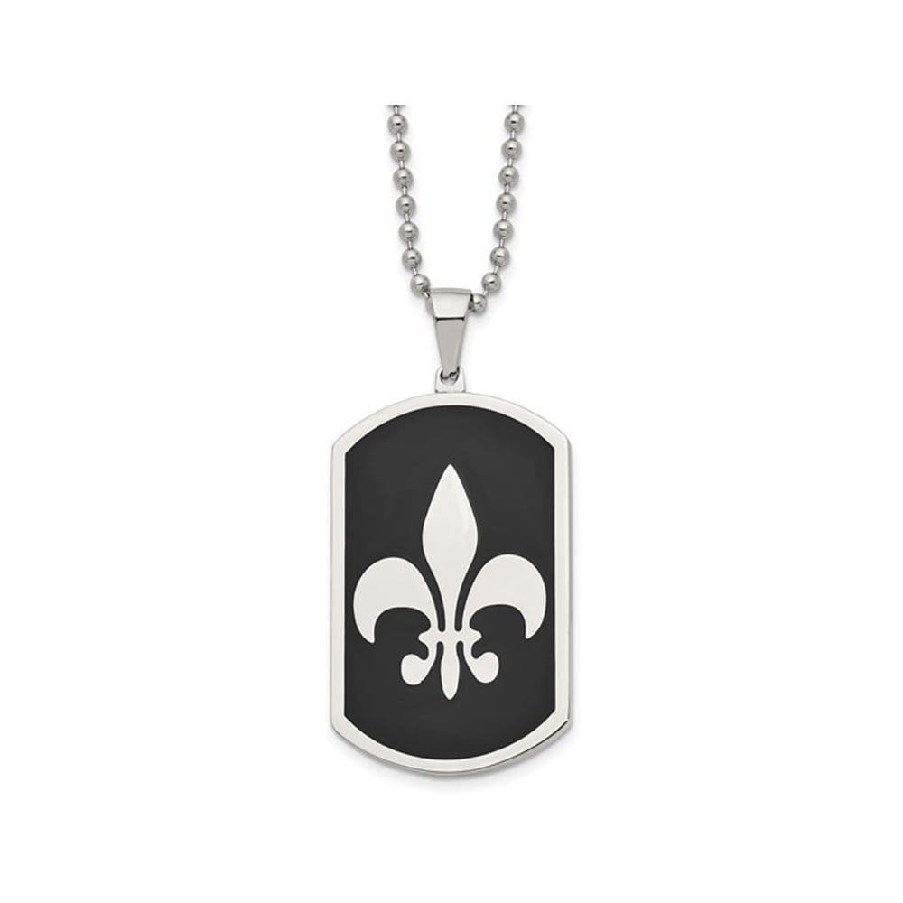 Mens Stainless Steel Black IP-plated Fleur de Lis Dog Tag Pendant Necklace with Chain Image 1