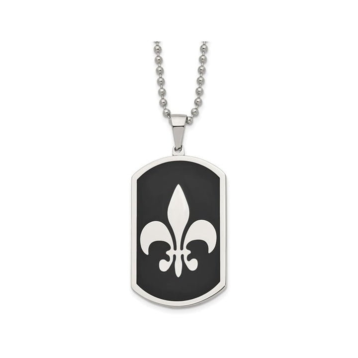 Mens Stainless Steel Black IP-plated Fleur de Lis Dog Tag Pendant Necklace with Chain Image 1