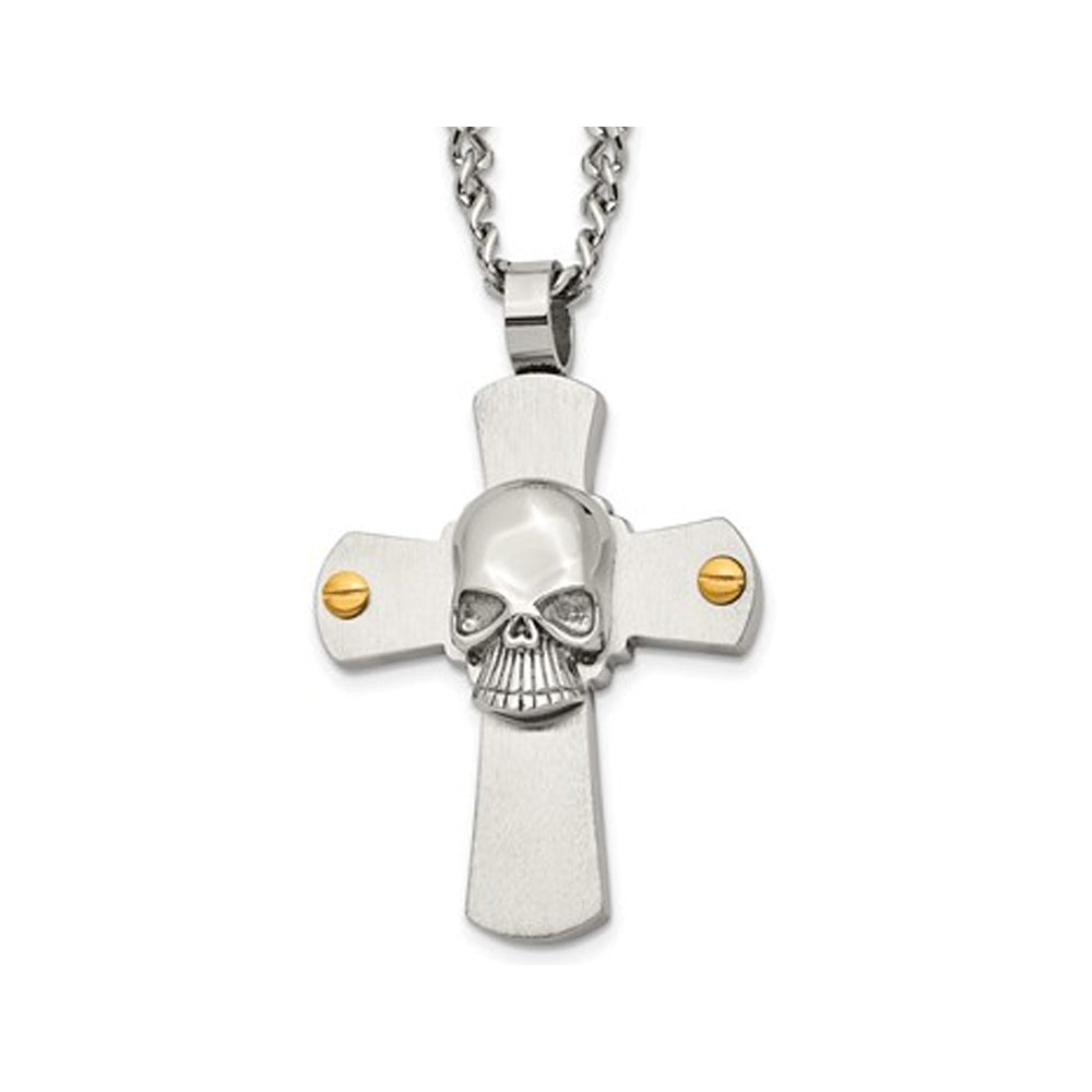 Stainless Steel Brushed Skull and Cross Pendant Necklace with Chain (24 Inches) Image 1