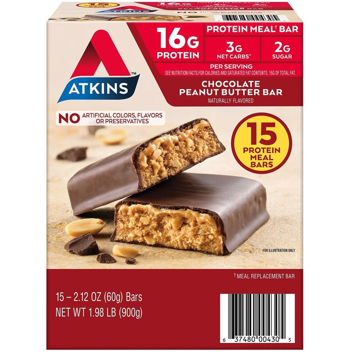 Atkins Chocolate Peanut Butter Meal Bars High Fiber 16g of Protein (15 Count) Image 1