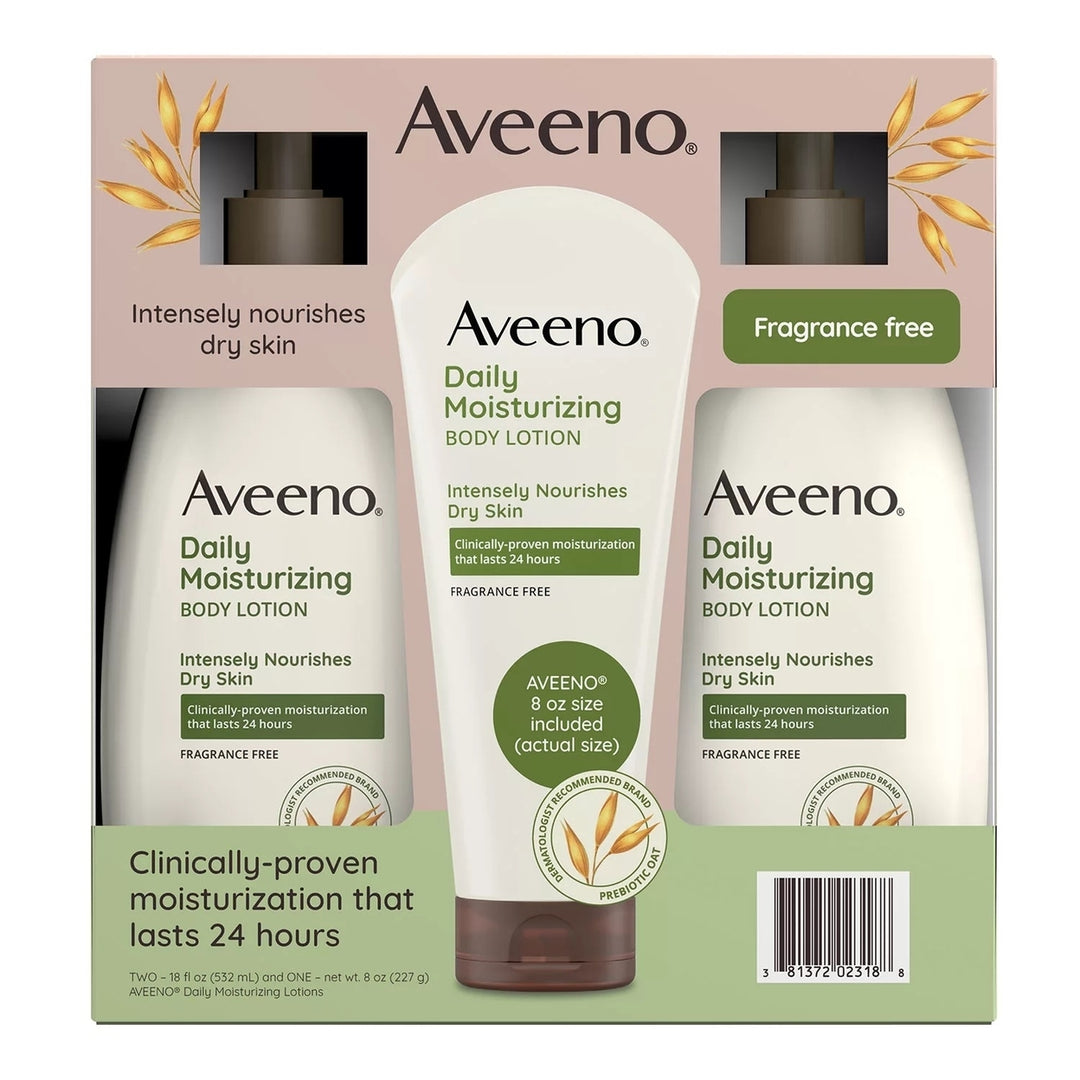 Aveeno Daily Moisturizing Body Lotion18 Fluid Ounce (Pack of 2) + 8 Ounce Tube Image 1