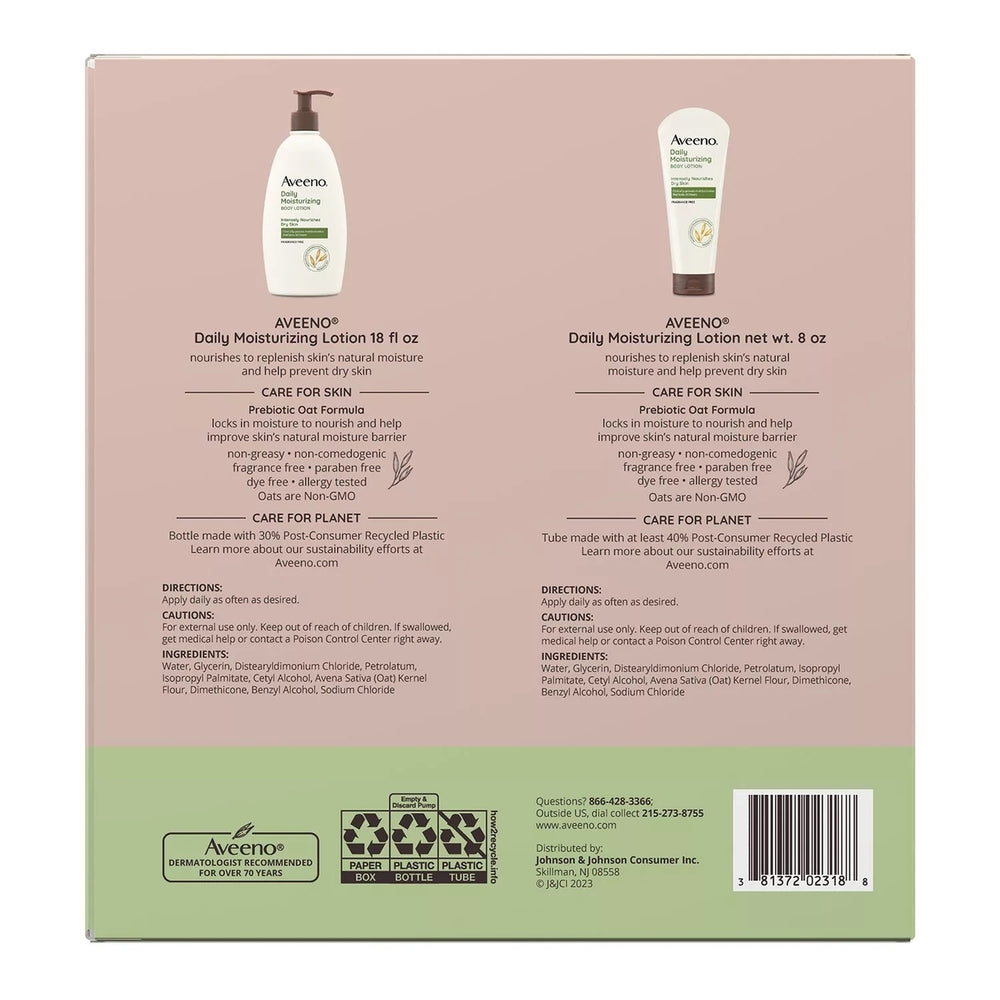 Aveeno Daily Moisturizing Body Lotion18 Fluid Ounce (Pack of 2) + 8 Ounce Tube Image 2