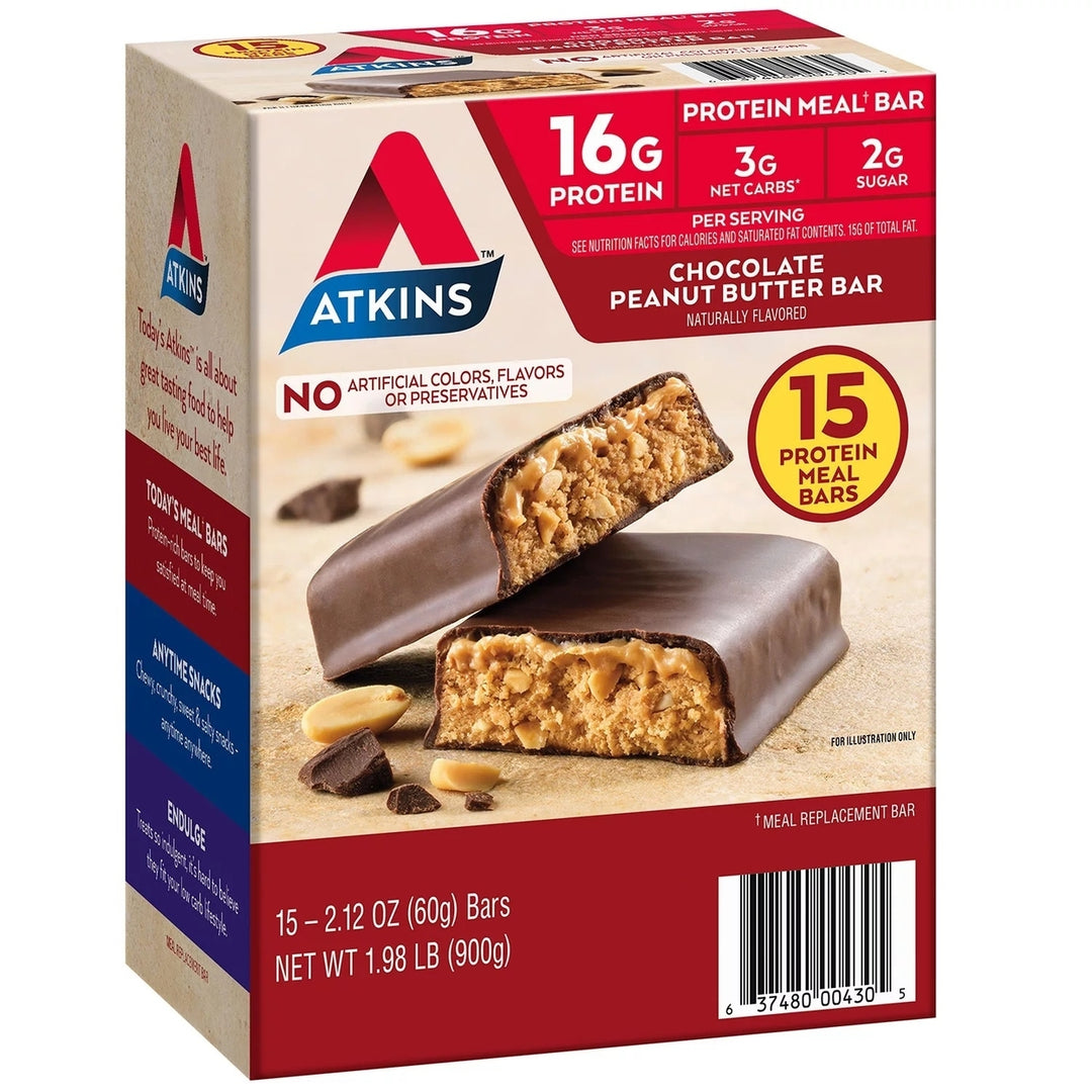 Atkins Chocolate Peanut Butter Meal Bars High Fiber 16g of Protein (15 Count) Image 2