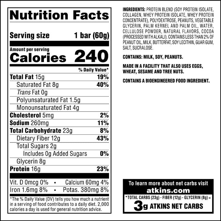 Atkins Chocolate Peanut Butter Meal Bars High Fiber 16g of Protein (15 Count) Image 4