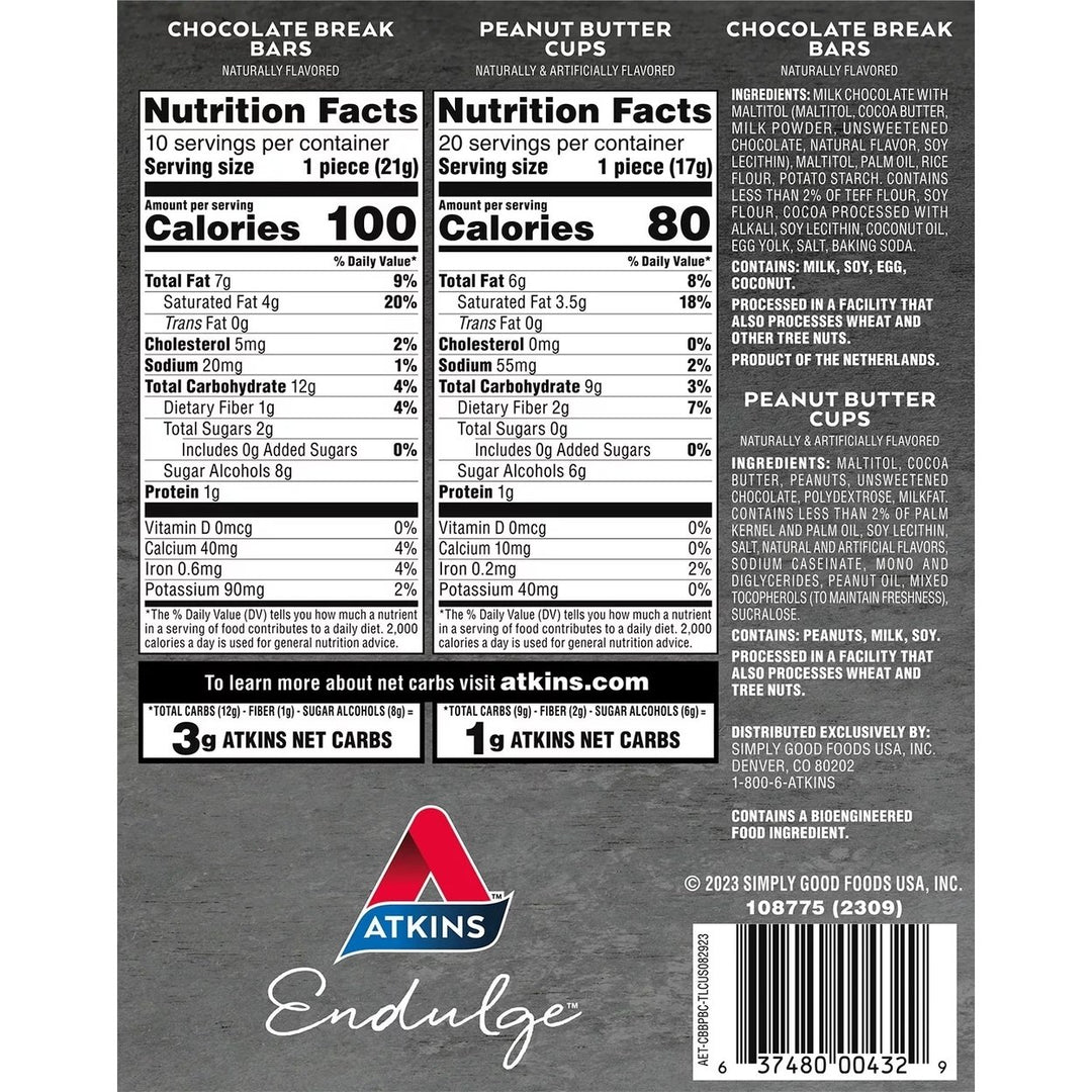 Atkins Endulge Peanut Butter Cup Chocolate Break Bar Variety Pack (30 Count) Image 4