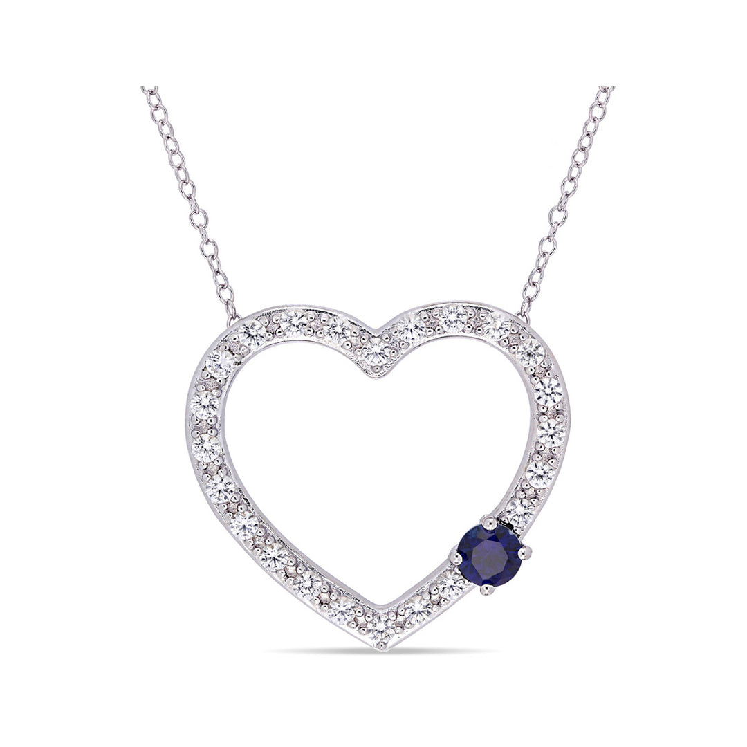 1.10 Carat (ctw) Lab Created Blue and White Sapphire Heart Pendant Necklace in Sterling Silver with Chain Image 1