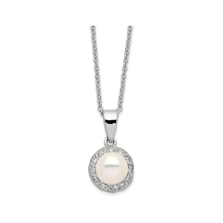 Freshwater Cultured White Pearl Pendant Necklace with Synthetic Cubic Zirconia (CZ) in Sterling Silver with Chain Image 1