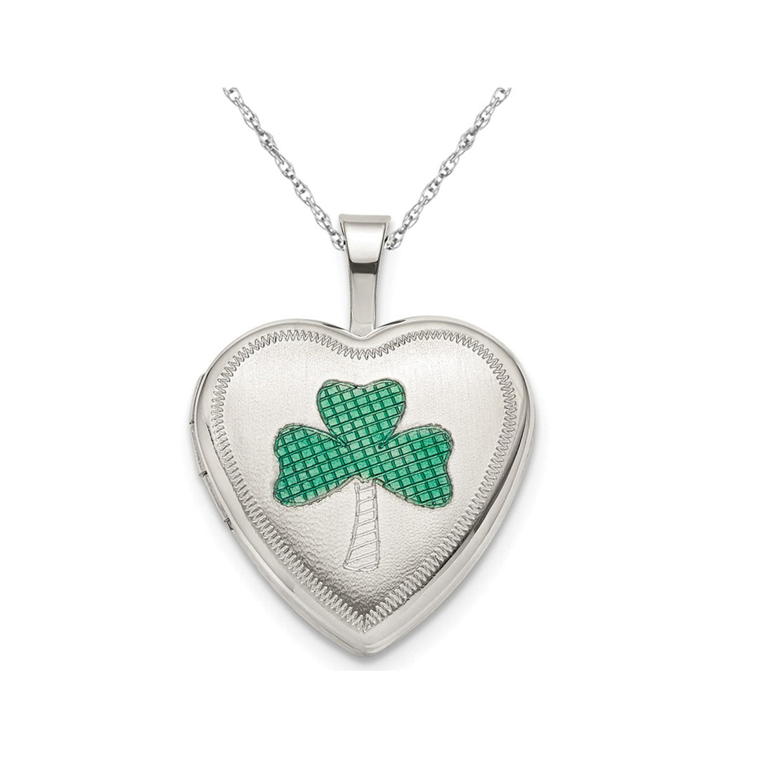 Green Enamel Clover Heart Locket in Sterling Silver 16mm Image 1