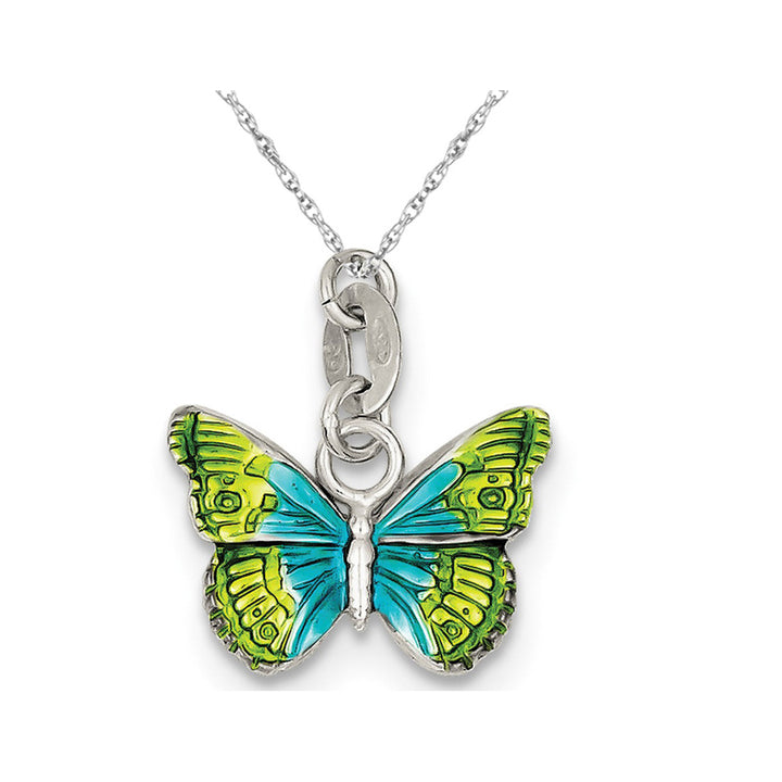 Colorful Enameled Butterfly Charm Pendant Necklace in Sterling Silver Image 1