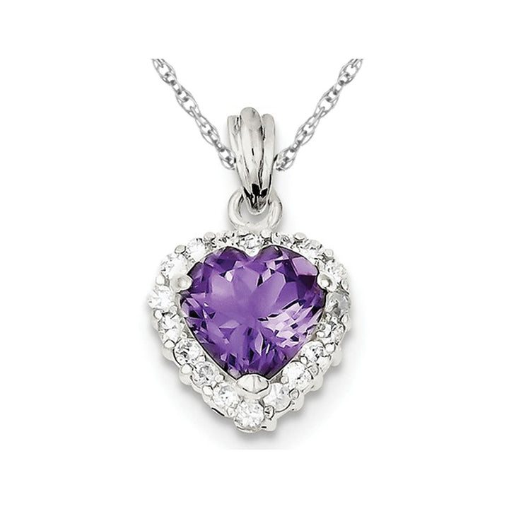 Purple Amethyst and Synthetic Cubic Zirconia (CZ) Heart Pendant Necklace in Sterling Silver with chain Image 1