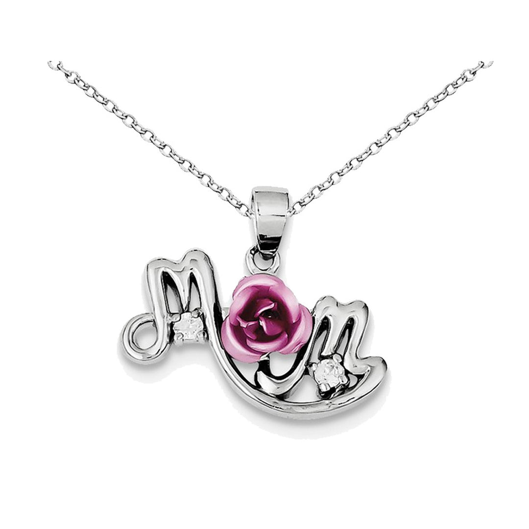 Pink Flower and Synthetic Cubic Zirconia (CZ) Mom Pendant Necklace in Sterling Silver Image 1