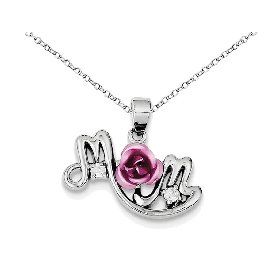 Pink Flower and Synthetic Cubic Zirconia (CZ) Mom Pendant Necklace in Sterling Silver Image 1