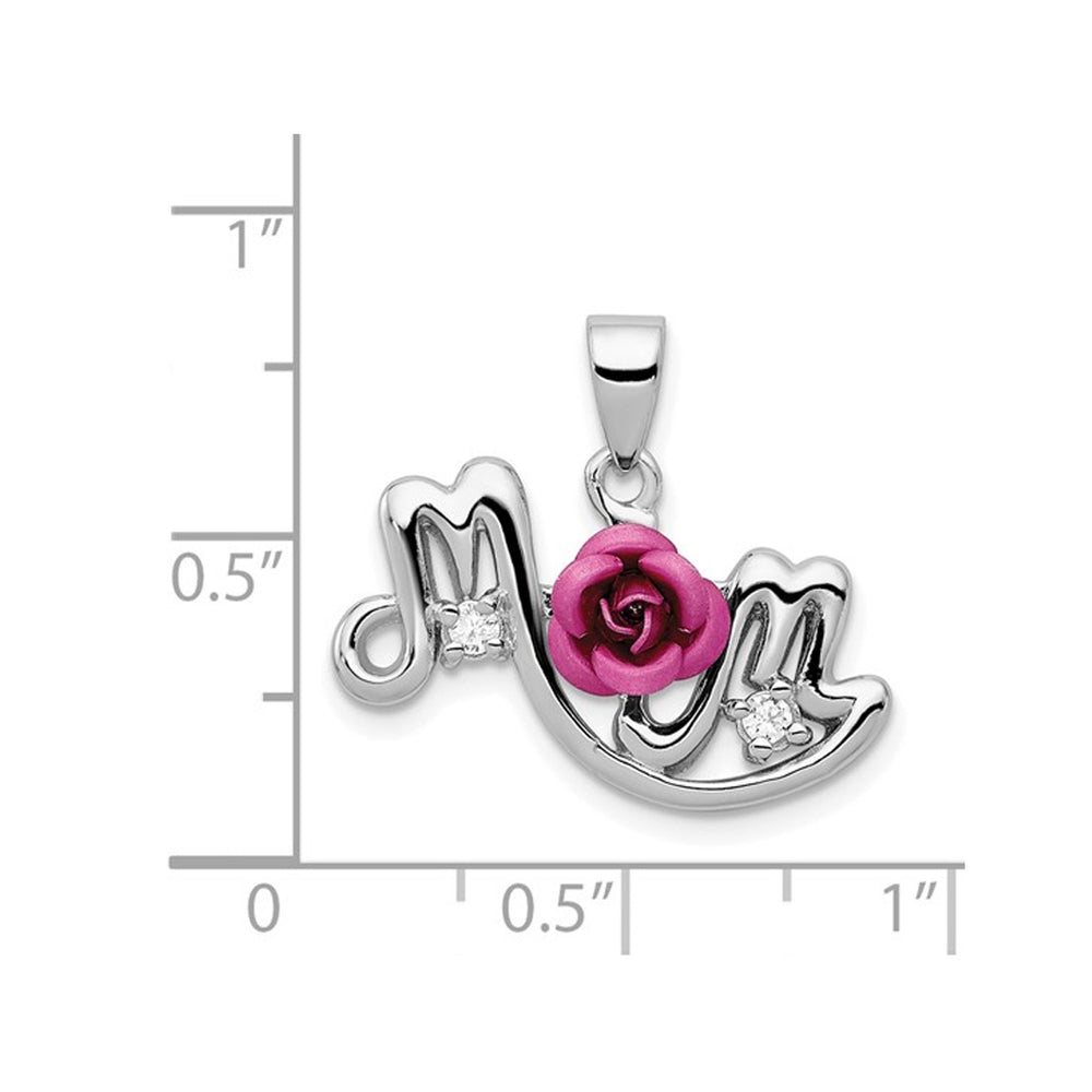 Pink Flower and Synthetic Cubic Zirconia (CZ) Mom Pendant Necklace in Sterling Silver Image 2