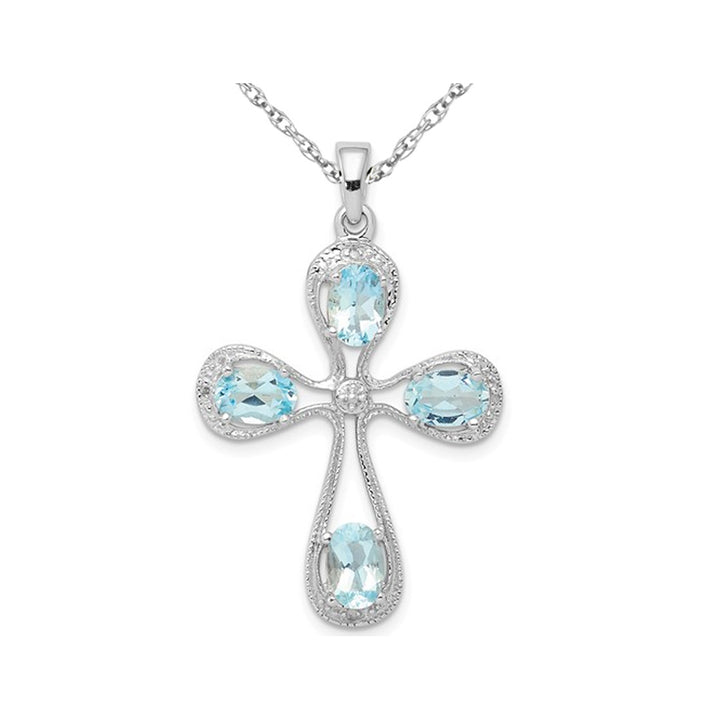1.10 Carat (ctw) Aquamarine Cross Pendant Necklace with Chain in Sterling Silver Image 1